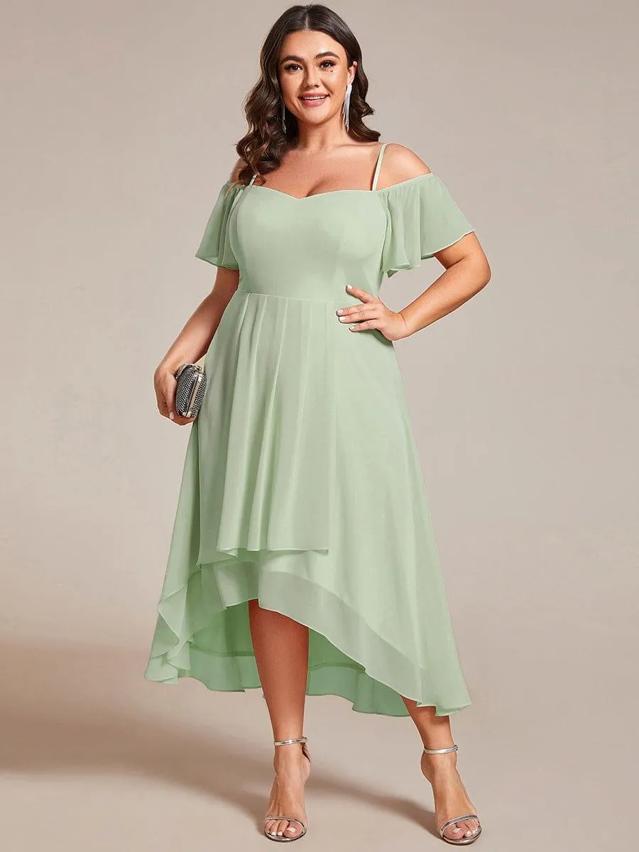Plus Size Cold Shoulder Sweetheart Necklin Chiffon Midi Wedding Guest Dress