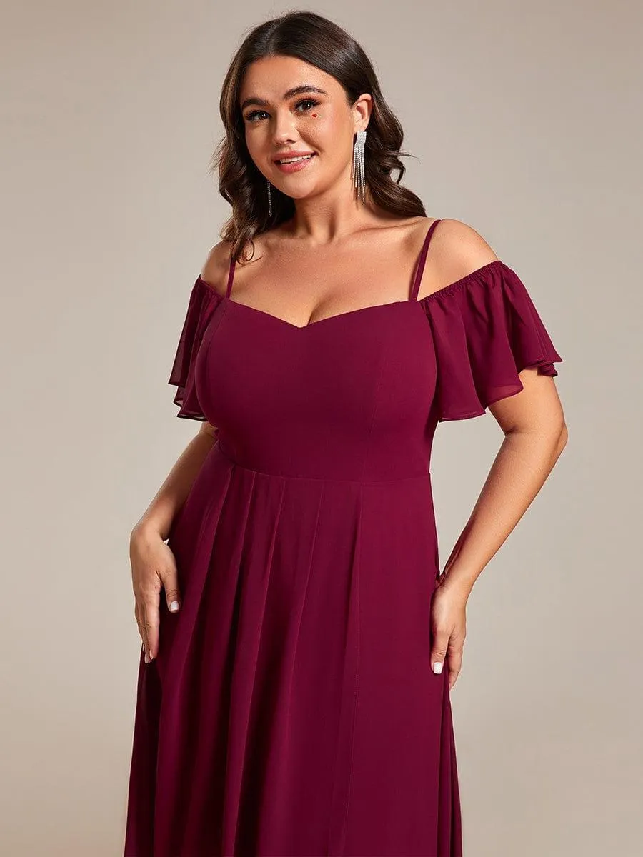 Plus Size Cold Shoulder Sweetheart Necklin Chiffon Midi Wedding Guest Dress