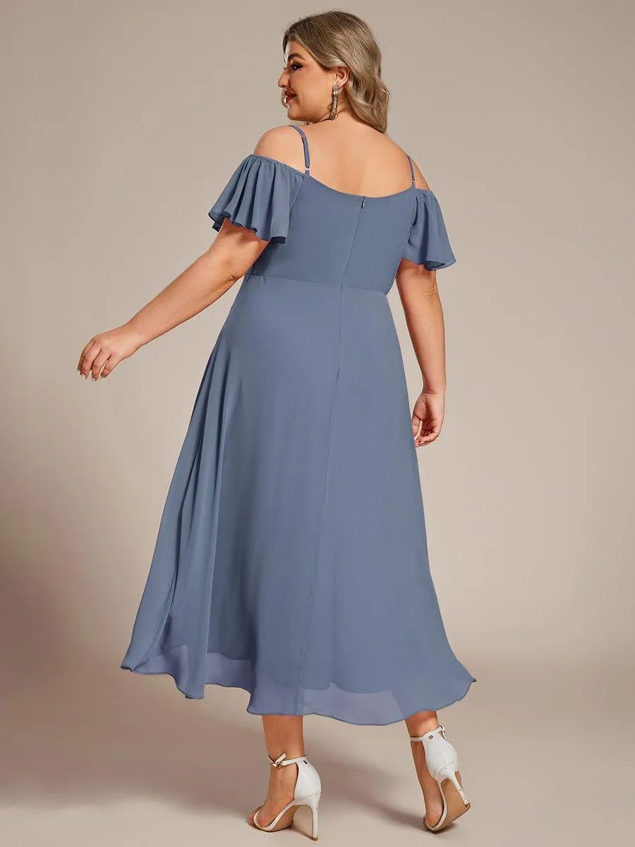 Plus Size Cold Shoulder Sweetheart Necklin Chiffon Midi Wedding Guest Dress