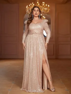 Plus Sweetheart Neck Split Sequin Dresses