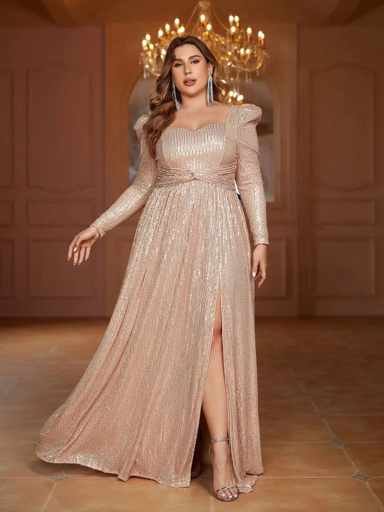 Plus Sweetheart Neck Split Sequin Dresses