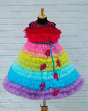 Pre-Order: Hand Crafted Pink Little Heart With Multi Vibrant Frilled Gown