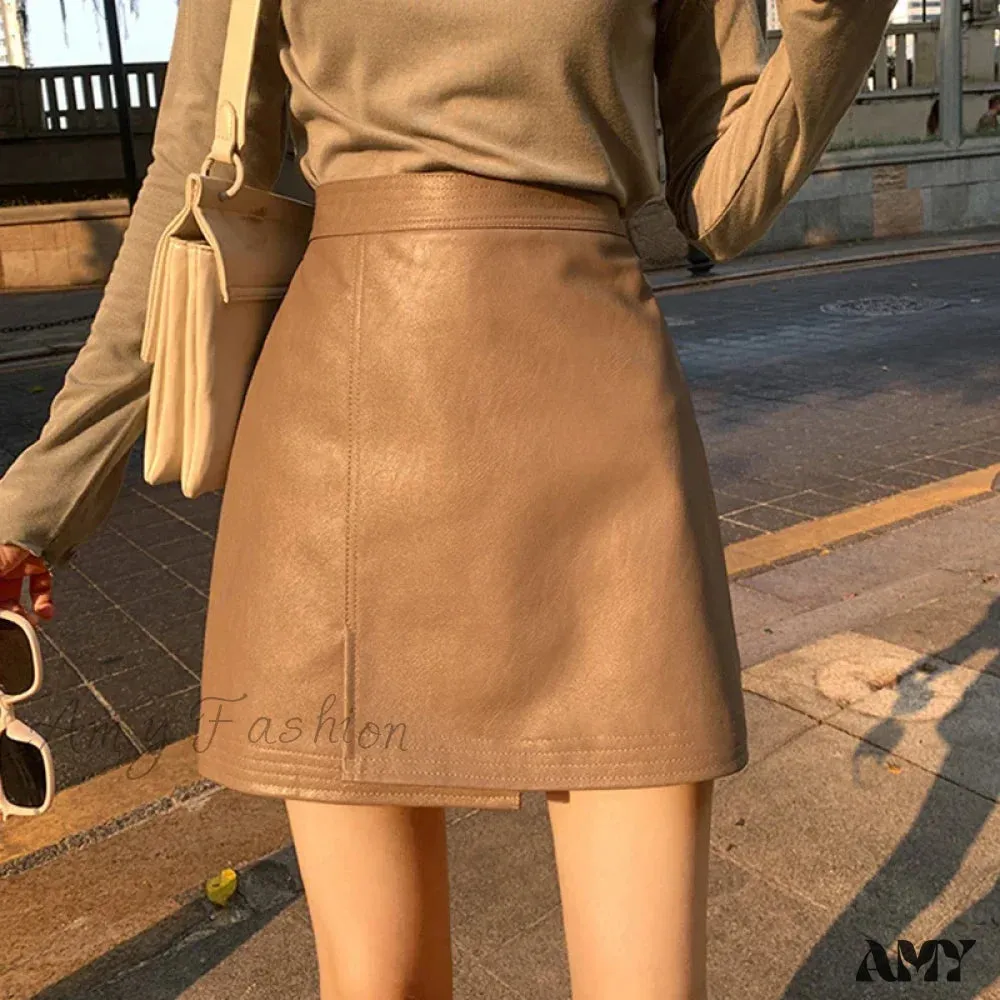 PU Sexy Solid Split Fashion Asymmetrical Casual Slim High Waist Skirt