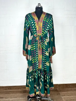 Recycle Boho House Robe Kimono Vintage Silk Sari Dressing Gown, Beach Coverup, Bridesmaid, Anniversary Gift Her | Paisley Print Green