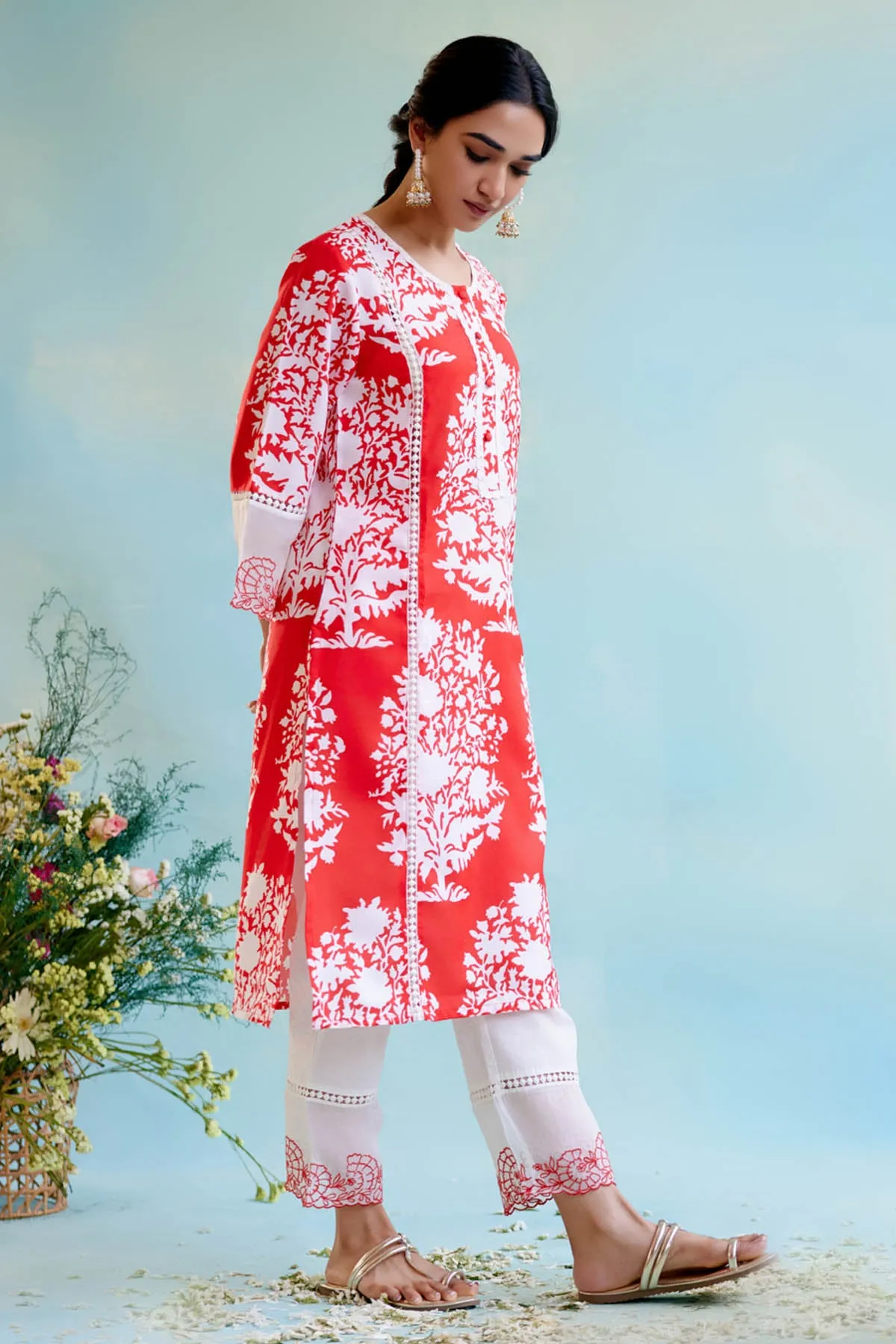 Red Cotton Linen Lace Kurta