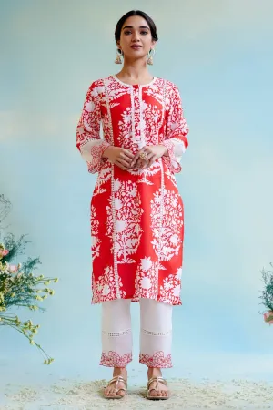 Red Cotton Linen Lace Kurta