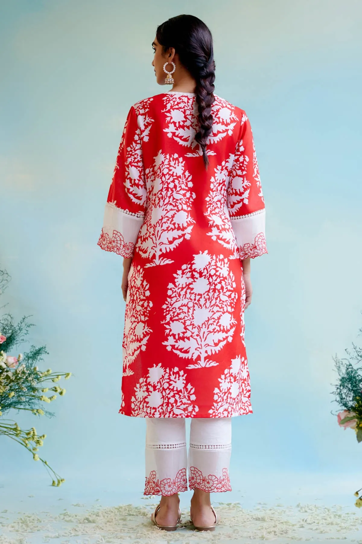 Red Cotton Linen Lace Kurta