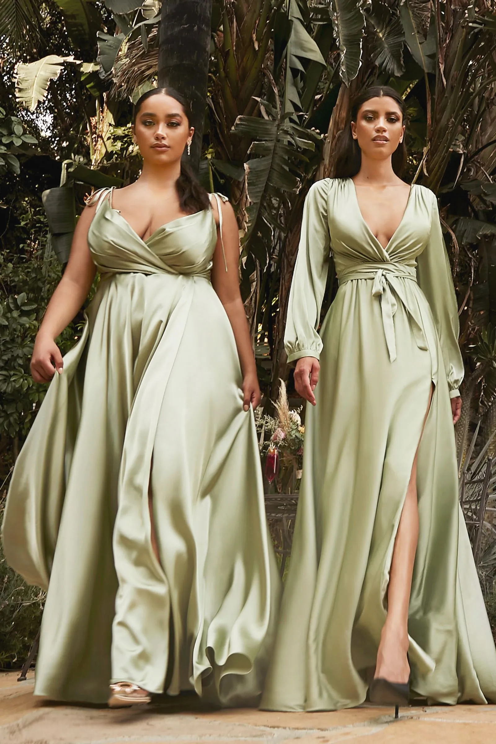 Satin V-Neck dress, Fitted on waist A-Line Skirt with High Leg Slit & Minimalism Style