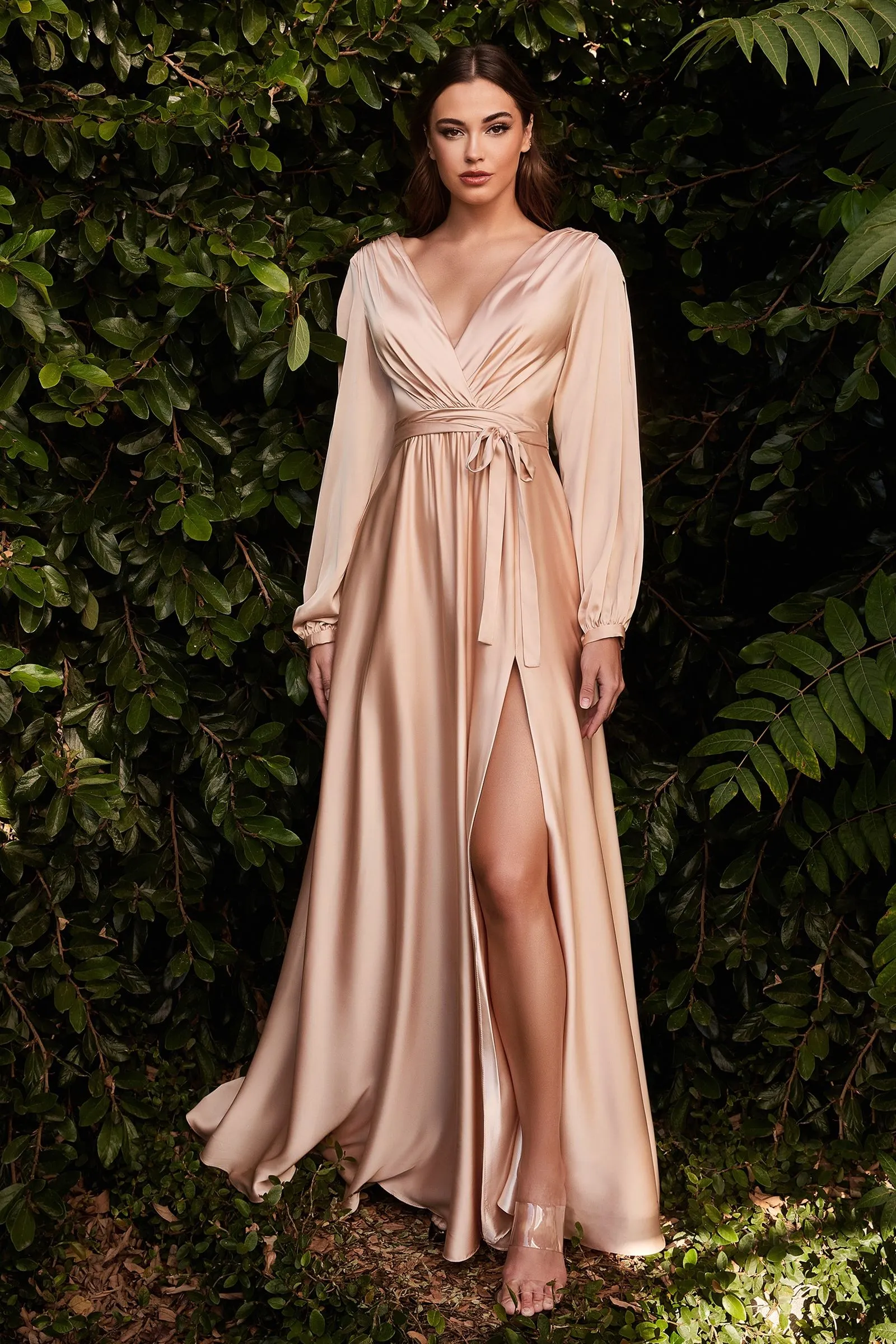 Satin V-Neck dress, Fitted on waist A-Line Skirt with High Leg Slit & Minimalism Style