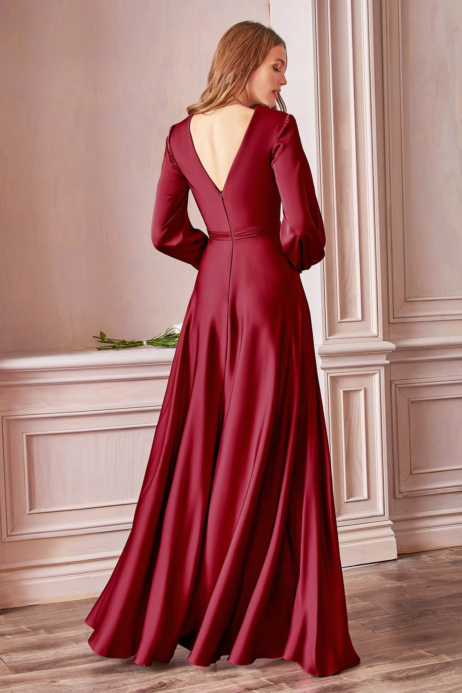 Satin V-Neck dress, Fitted on waist A-Line Skirt with High Leg Slit & Minimalism Style