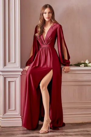 Satin V-Neck dress, Fitted on waist A-Line Skirt with High Leg Slit & Minimalism Style