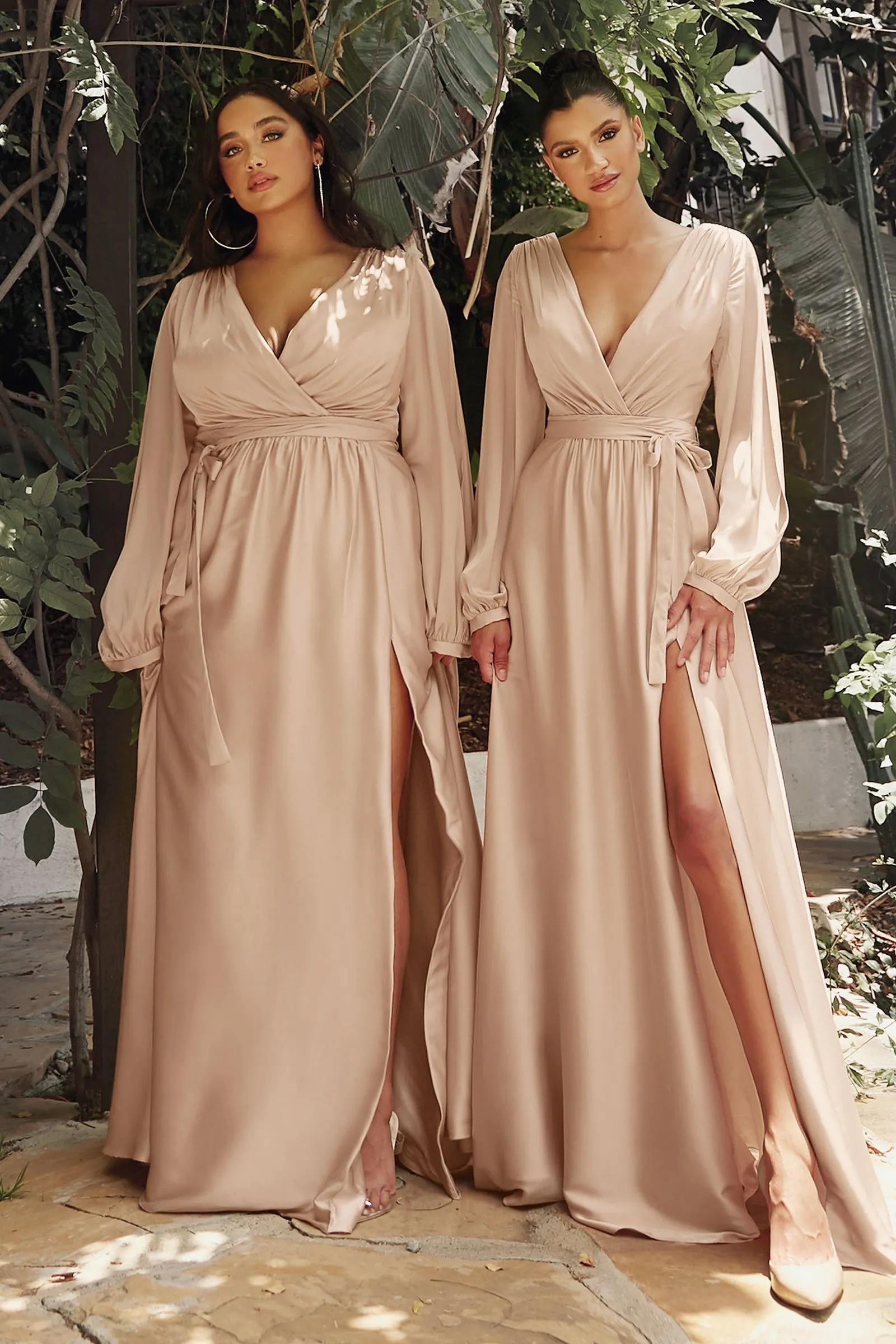 Satin V-Neck dress, Fitted on waist A-Line Skirt with High Leg Slit & Minimalism Style