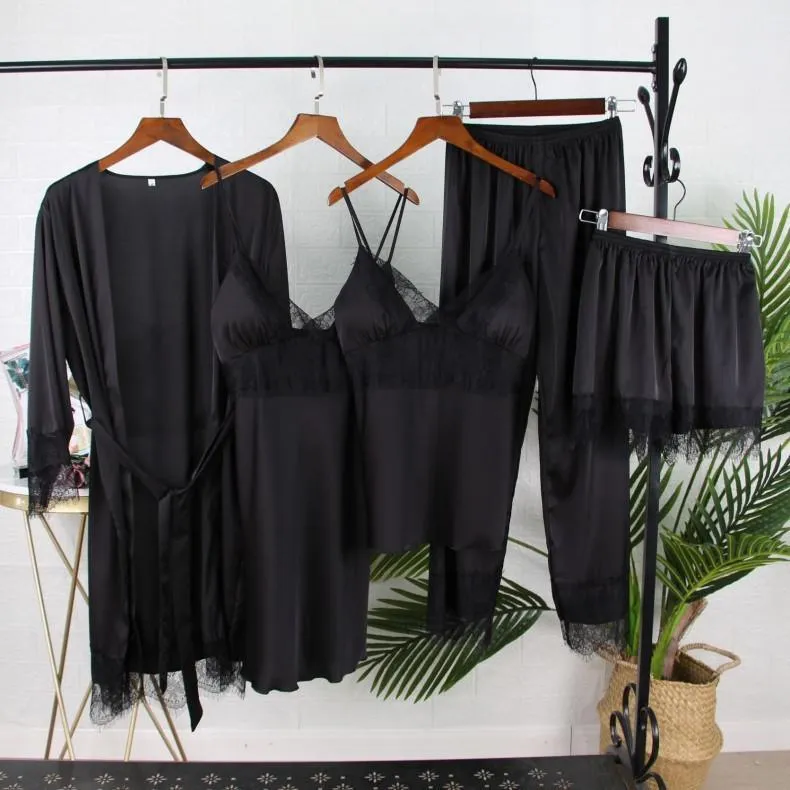 Sexy Female Kimono Gown Satin Capri&Nightdress Set