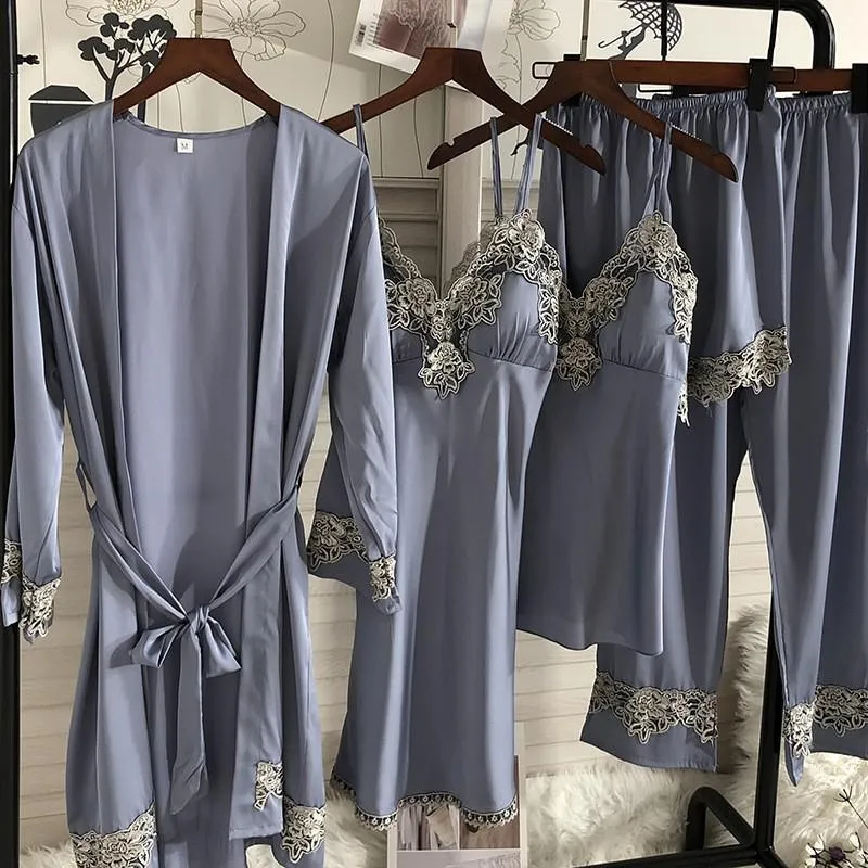 Sexy Female Kimono Gown Satin Capri&Nightdress Set