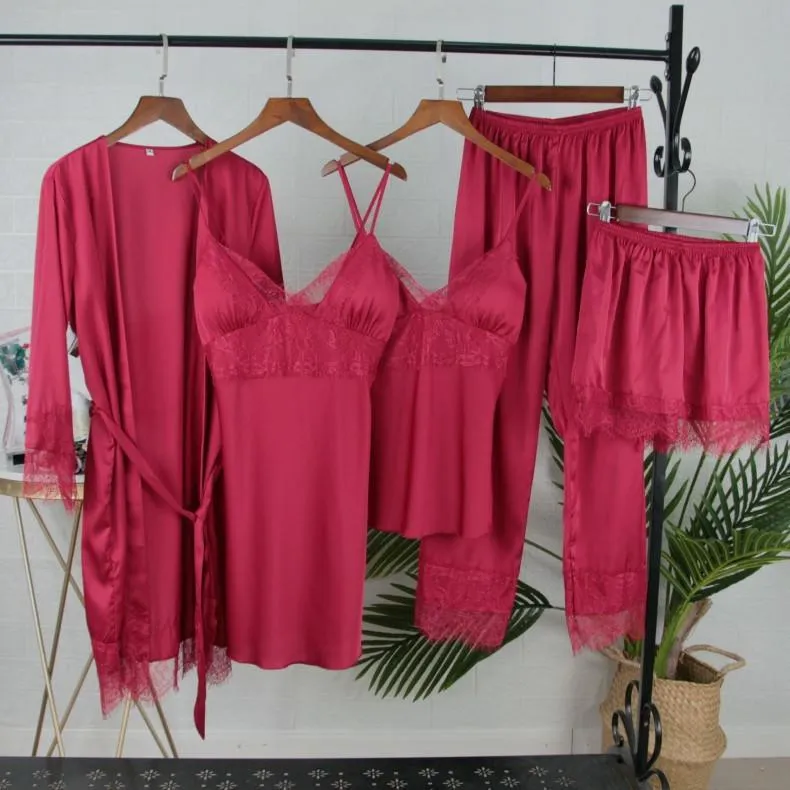 Sexy Female Kimono Gown Satin Capri&Nightdress Set