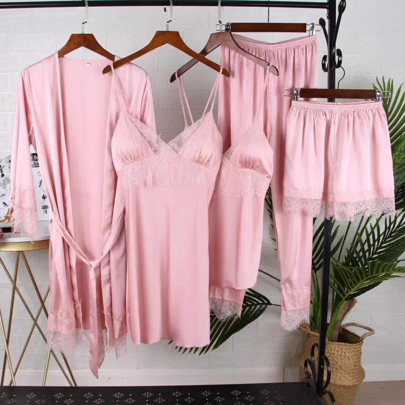 Sexy Female Kimono Gown Satin Capri&Nightdress Set