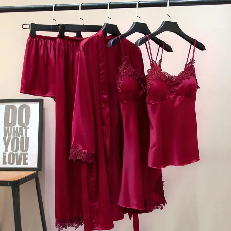 Sexy Female Kimono Gown Satin Capri&Nightdress Set
