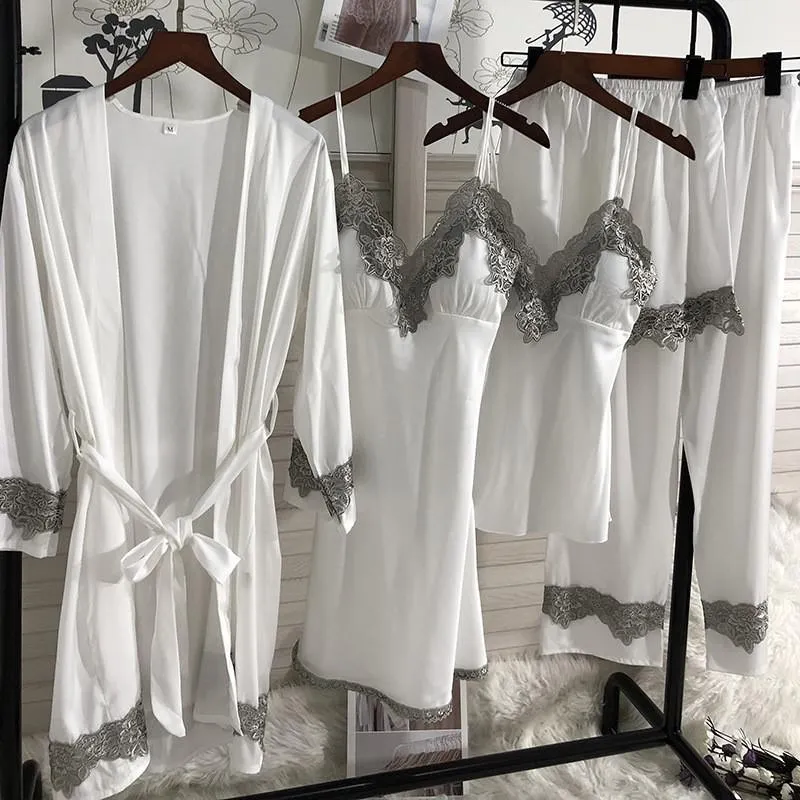 Sexy Female Kimono Gown Satin Capri&Nightdress Set