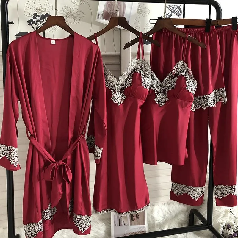 Sexy Female Kimono Gown Satin Capri&Nightdress Set