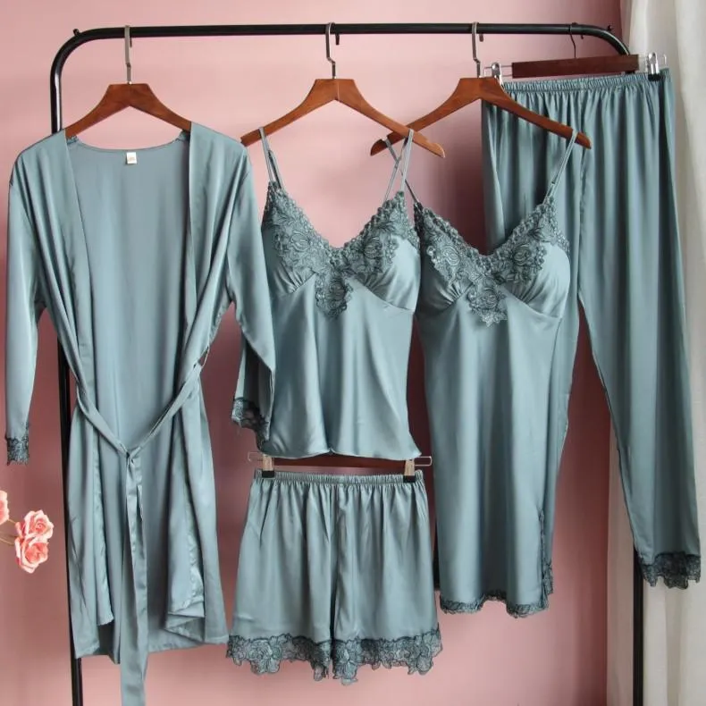 Sexy Female Kimono Gown Satin Capri&Nightdress Set