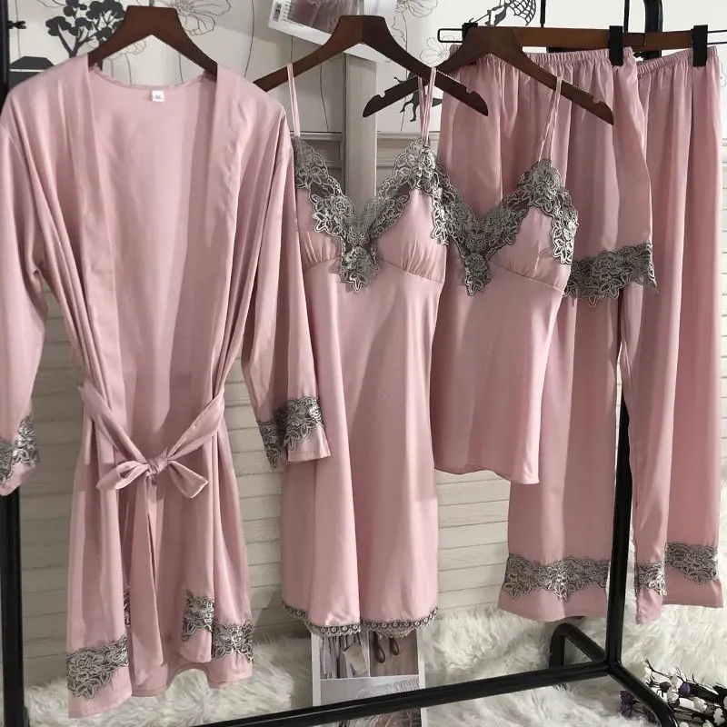 Sexy Female Kimono Gown Satin Capri&Nightdress Set