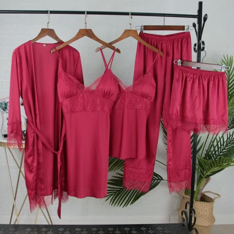 Sexy Female Kimono Gown Satin Capri&Nightdress Set