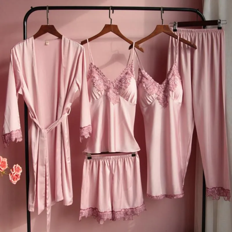 Sexy Female Kimono Gown Satin Capri&Nightdress Set