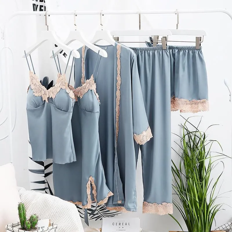 Sexy Female Kimono Gown Satin Capri&Nightdress Set