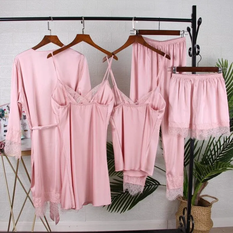 Sexy Female Kimono Gown Satin Capri&Nightdress Set