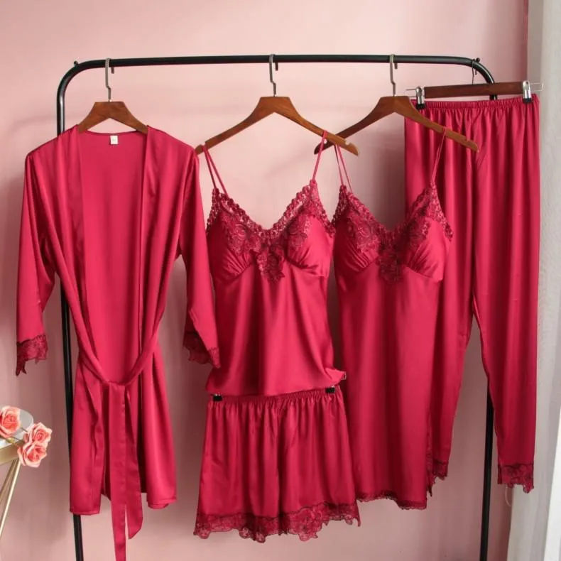 Sexy Female Kimono Gown Satin Capri&Nightdress Set