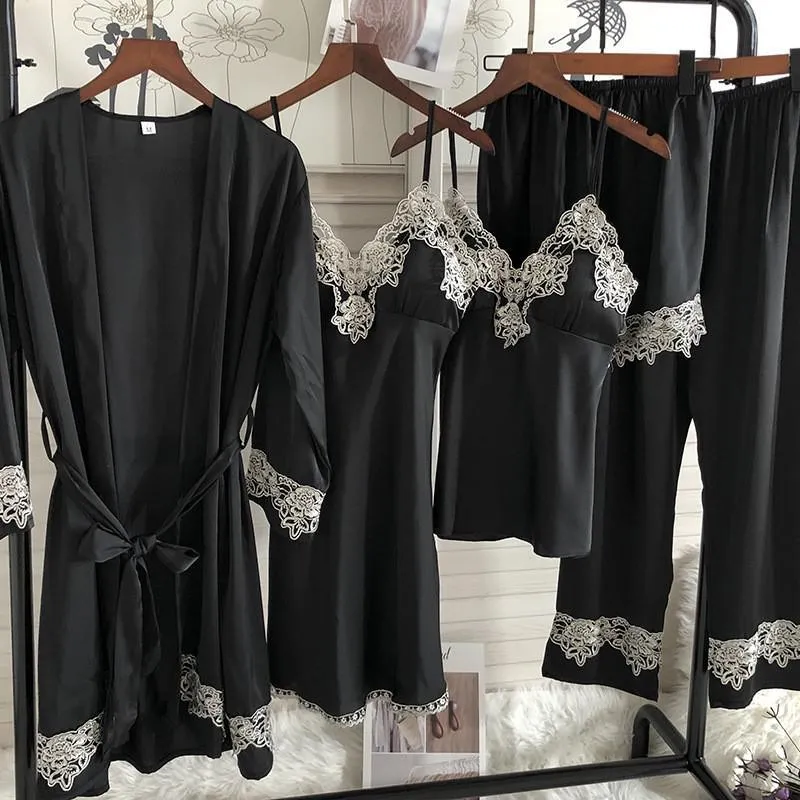 Sexy Female Kimono Gown Satin Capri&Nightdress Set