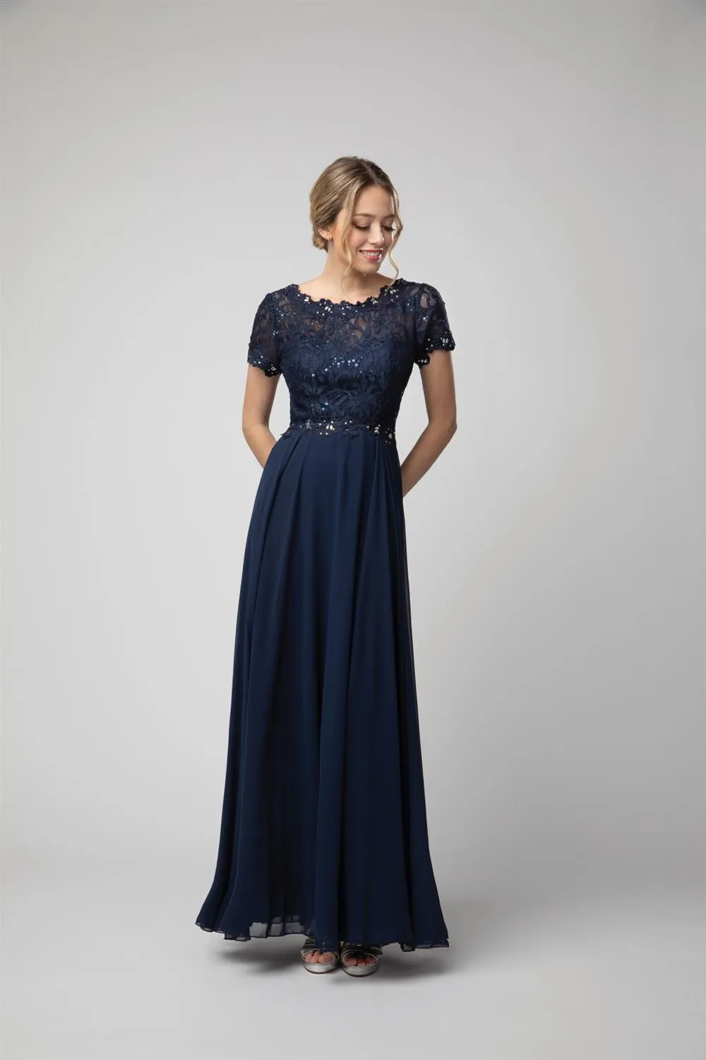 Short Sleeve Lace Bodice A-line Gown by Juno 1056