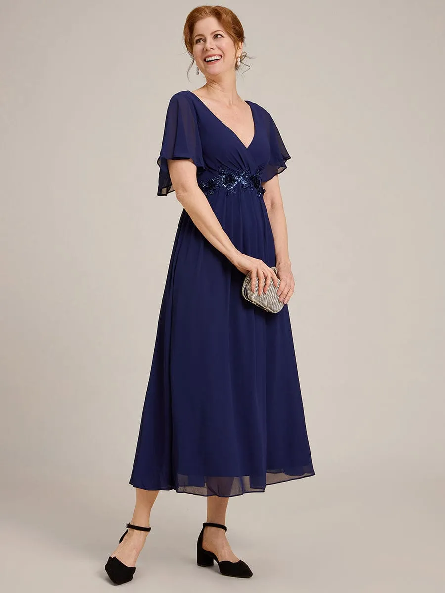 Short Sleeve V Neck Knee Length Mother of the Bride Dress