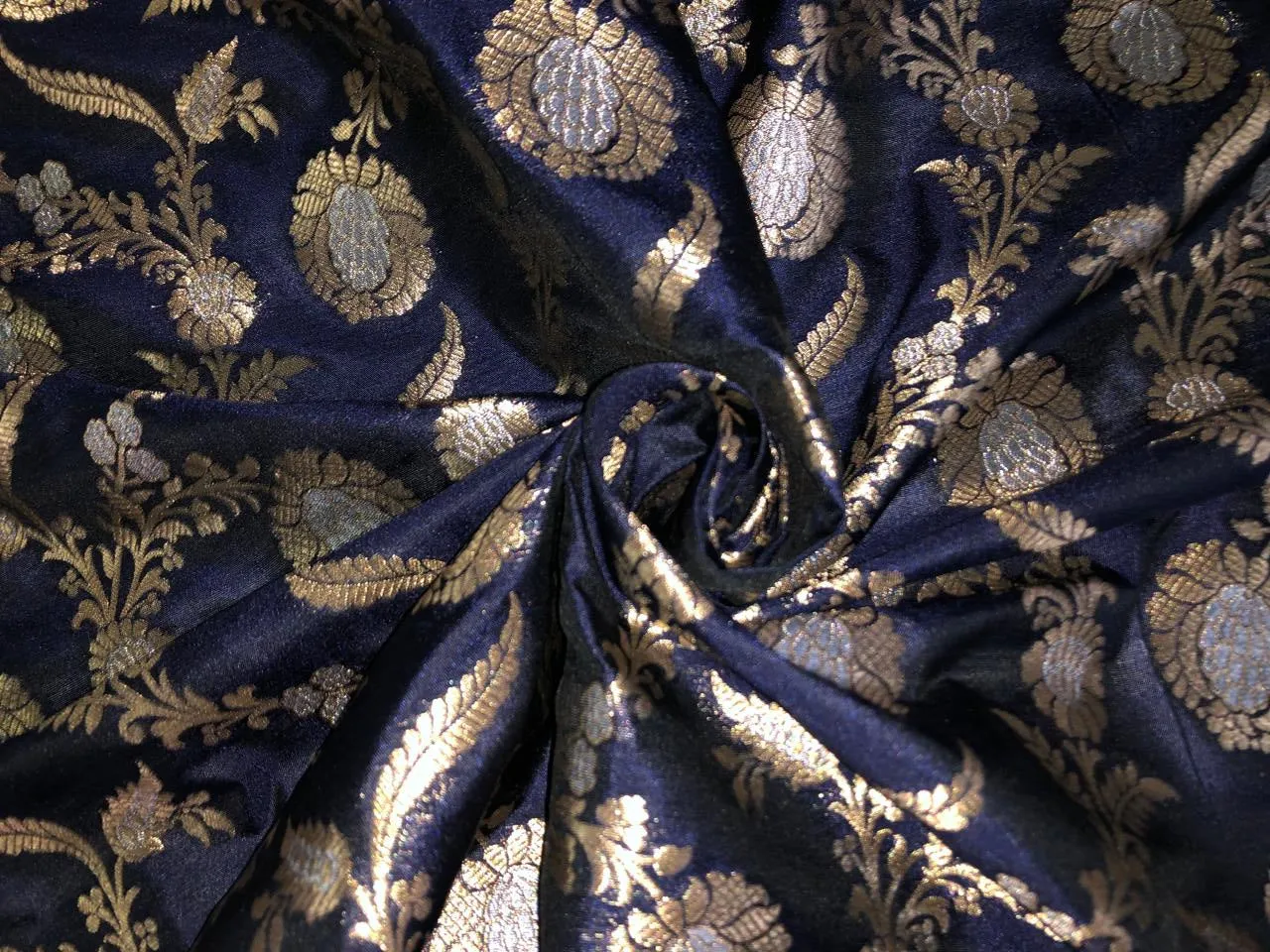 Silk Brocade fabric 44" wide   floral Jacquard with metallic gold and silver available in 2 colors green and navy   BRO937[4/5]
