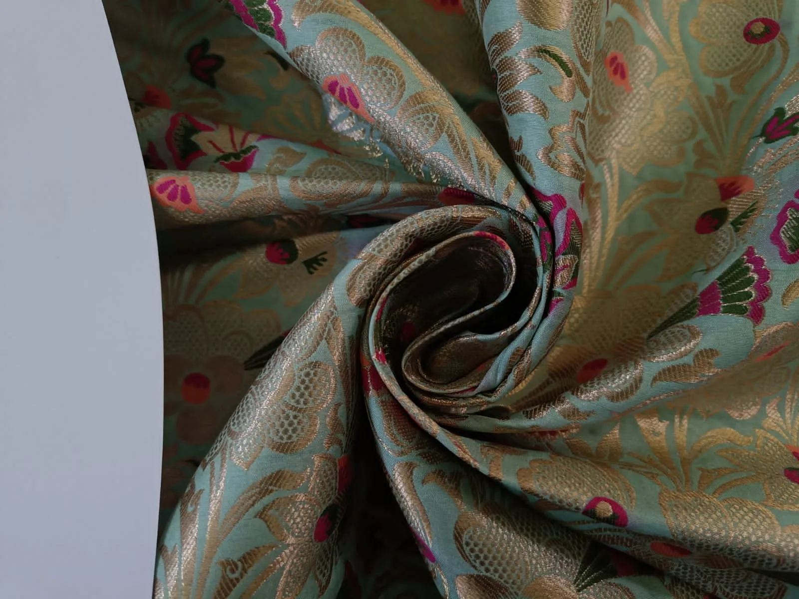 Silk Brocade fabric mint, peach,  pink, green x metallic gold jacquard 44" WIDE BRO902[1]