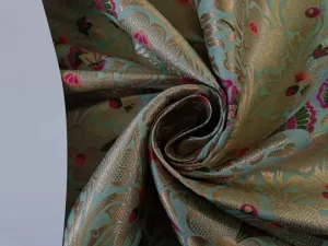 Silk Brocade fabric mint, peach,  pink, green x metallic gold jacquard 44" WIDE BRO902[1]