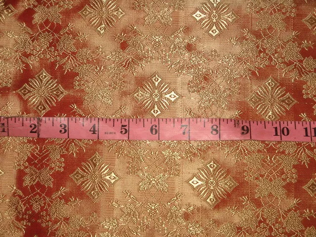SILK BROCADE FABRIC Orange &amp; Gold color 44&quot; Vestment design BRO155[3]