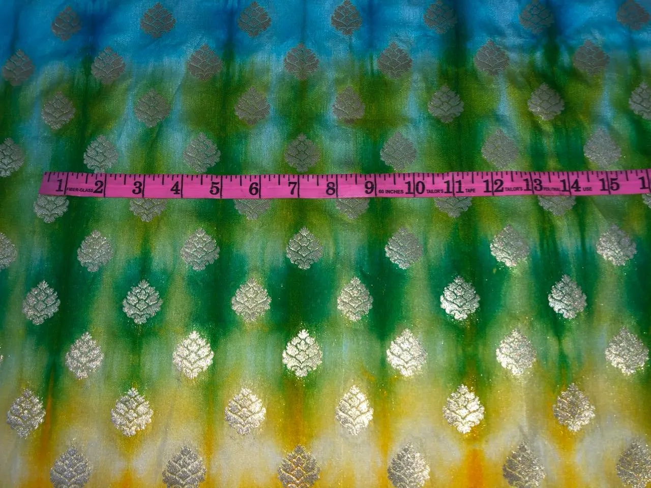 Silk Brocade fabric shades of blue yellow green with small metallic gold motif BRO915A[1]