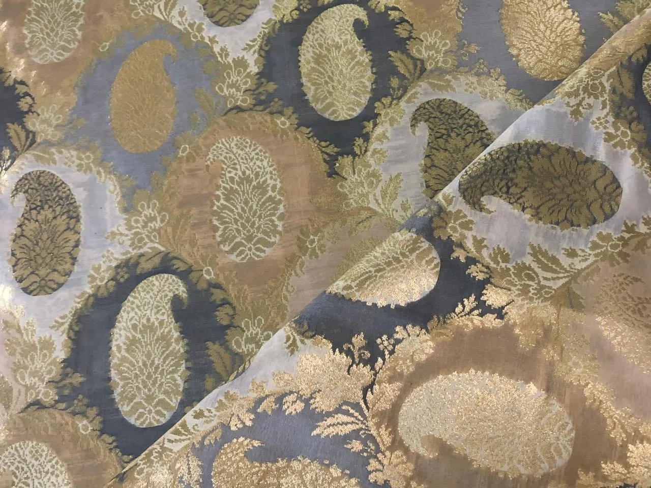 Silk Brocade fabric  slate blue and gold with gold paisley motif  jacquard  BRO965[2]
