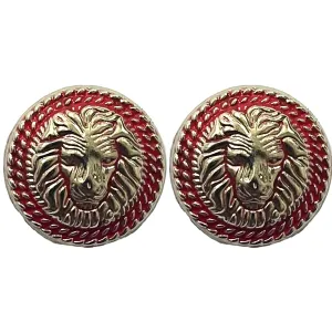 Silver & Red Fearless Lion Face Shaped 1 Hole Round Metal Buttons