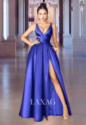 Simple V-Neck Straps Off-Shoulder Party Dress Pleated High Slit Satin A-Line Formal Prom Dress