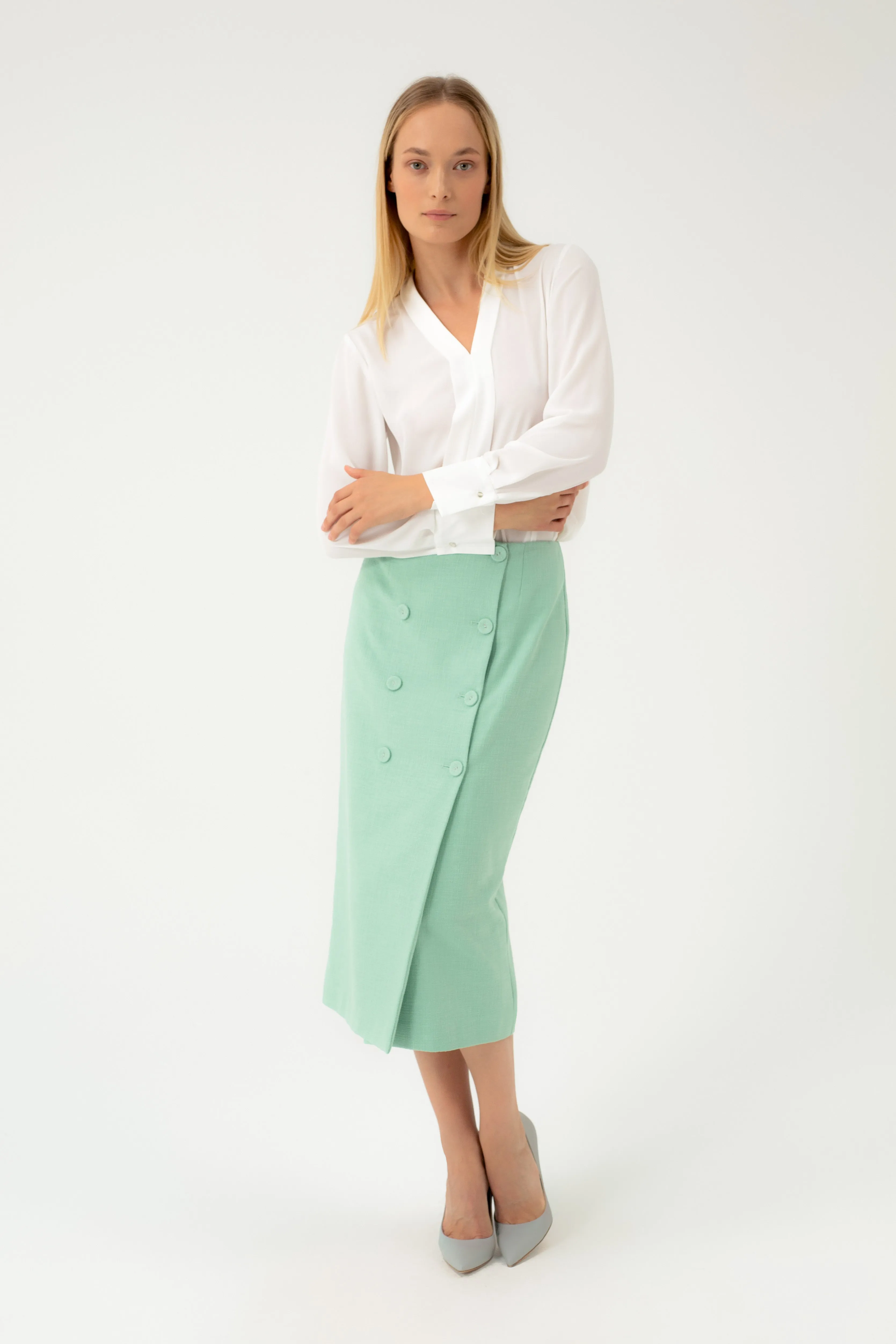 STRAIGHT SILHOUETTE MINT MIDI SKIRT