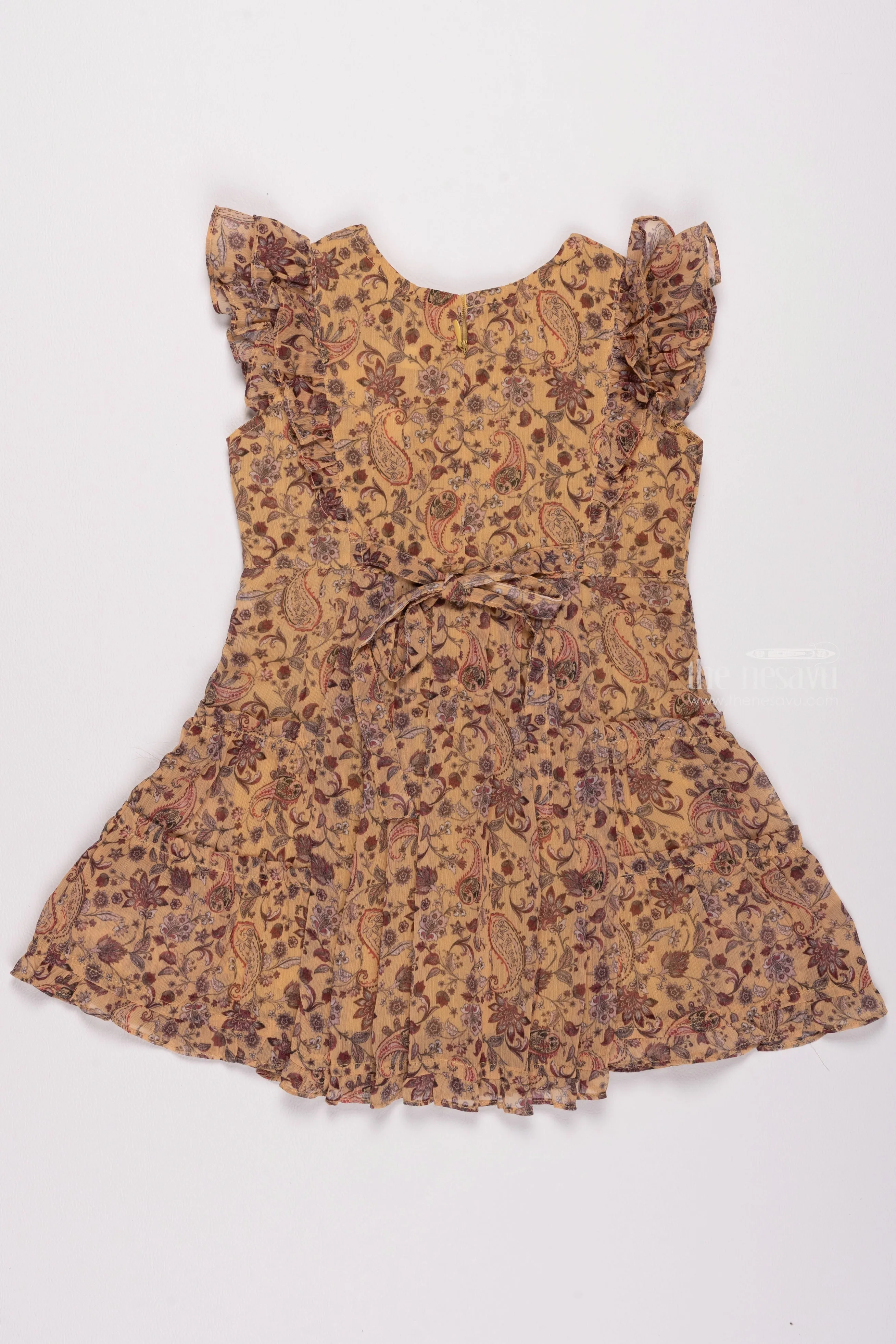 Sunshine Elegance: Charming Pleated Yellow Cotton Frock with Floral Brilliance for Little Ladies