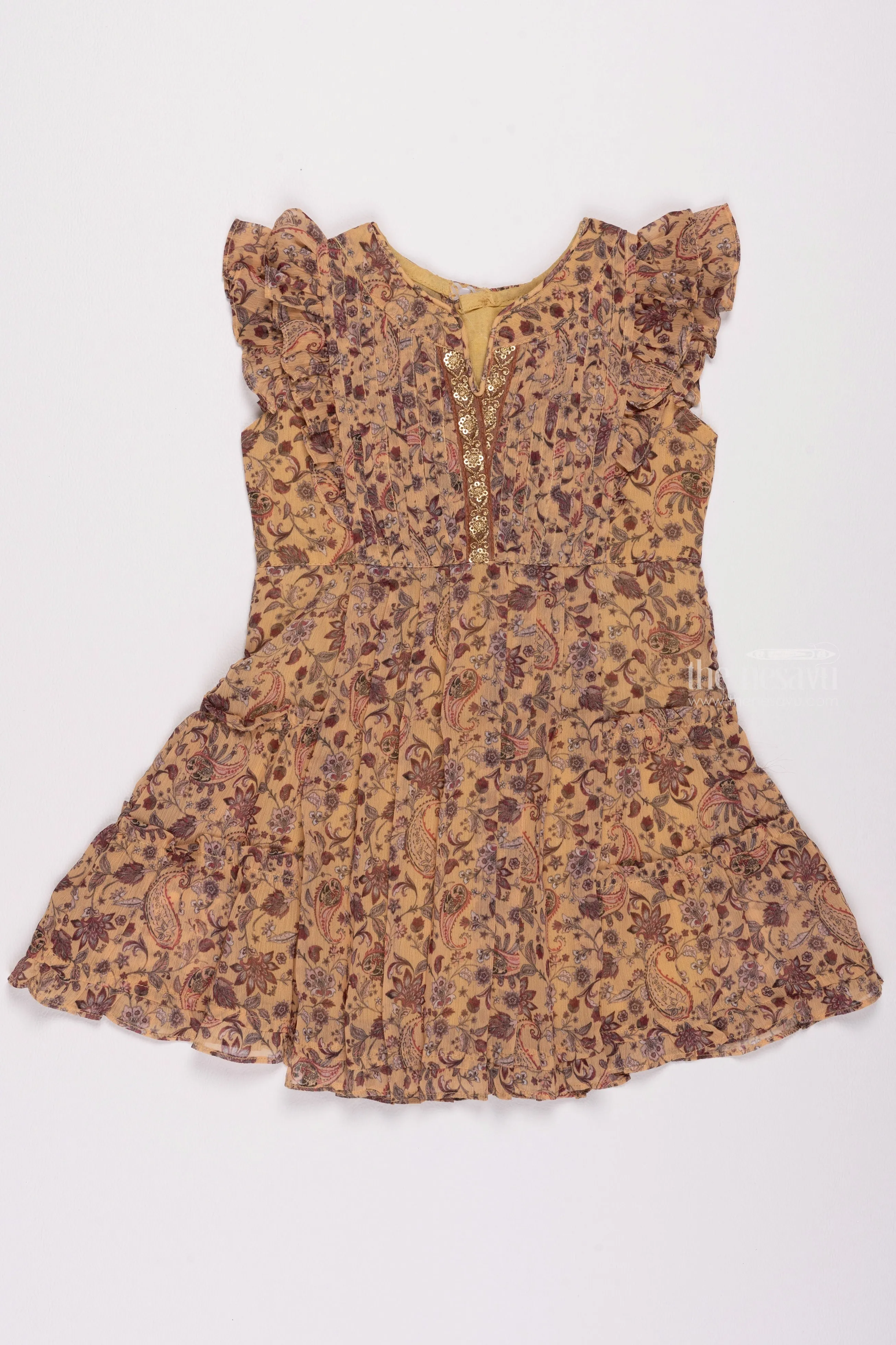 Sunshine Elegance: Charming Pleated Yellow Cotton Frock with Floral Brilliance for Little Ladies