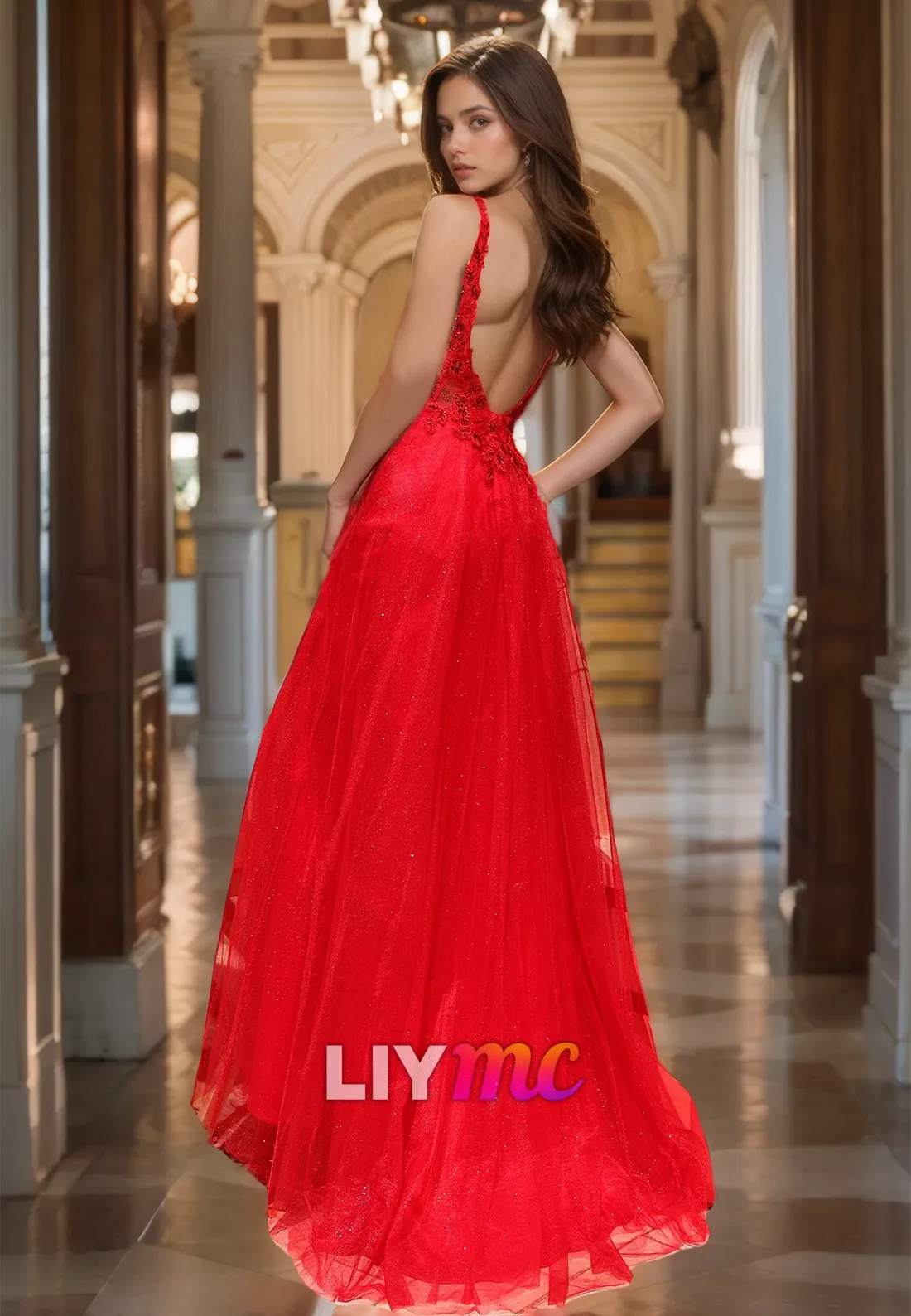 V-Neck Straps Sleeveless Appliques A-Line Prom Dress