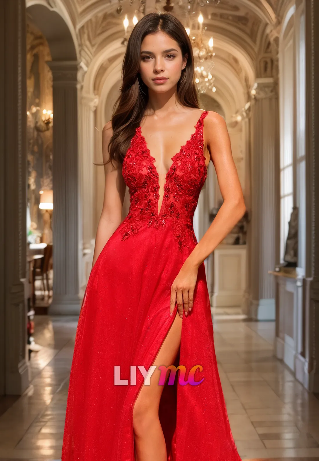 V-Neck Straps Sleeveless Appliques A-Line Prom Dress