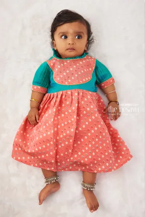 Vibrant Teal and Coral Geometric Print Frock for Toddlers