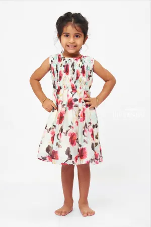 Watercolor Floral Dream Dress: Girls' Sleeveless Frock with Turquoise Lace Trim