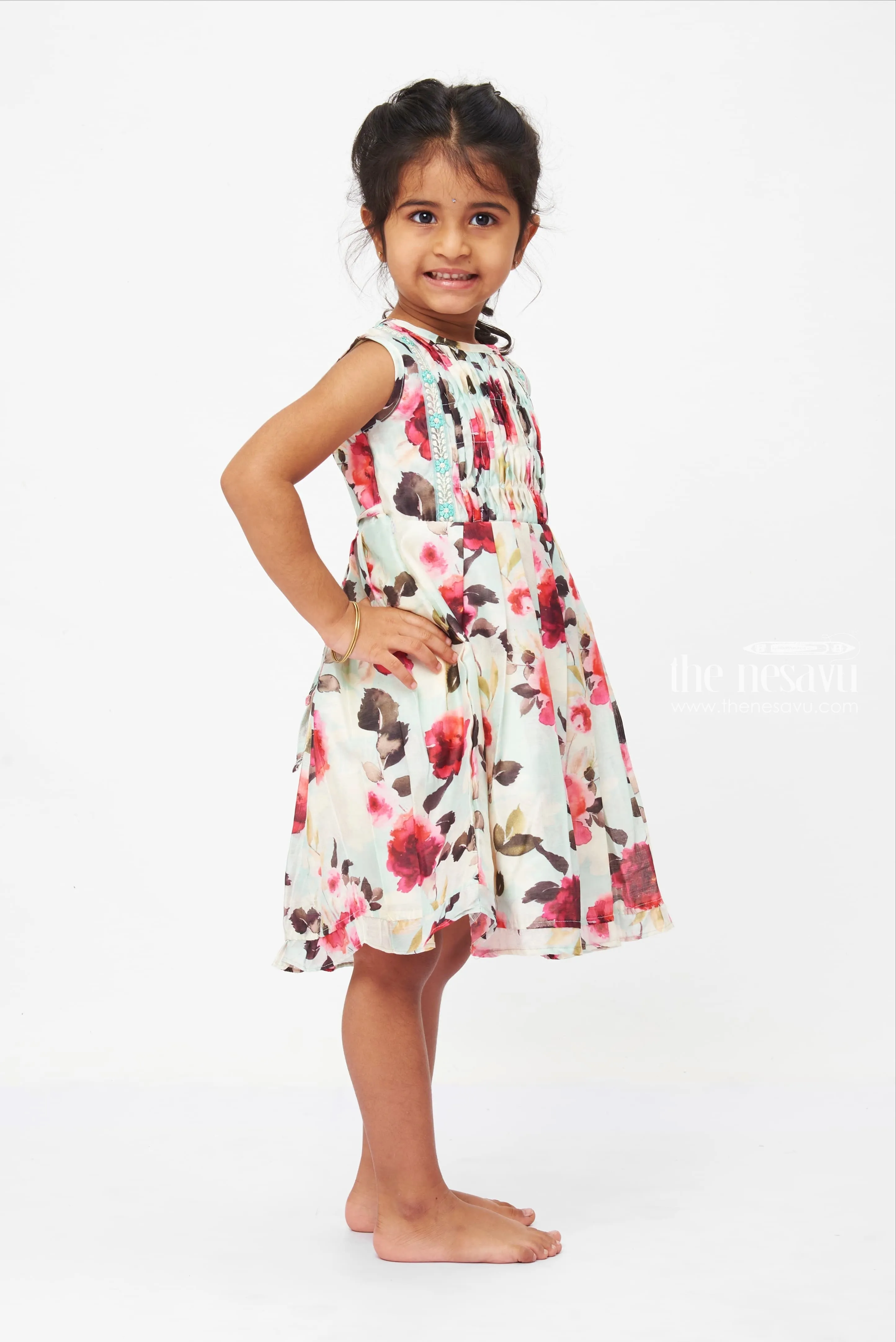 Watercolor Floral Dream Dress: Girls' Sleeveless Frock with Turquoise Lace Trim