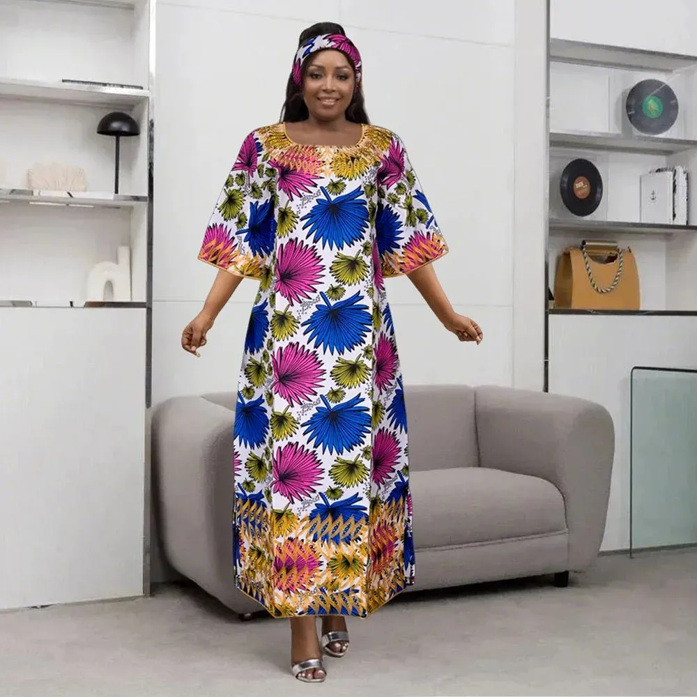 Women’s Embroidered Bazin Floral Boho Dresses – Rich Long Robes for Traditional Parties and Weddings